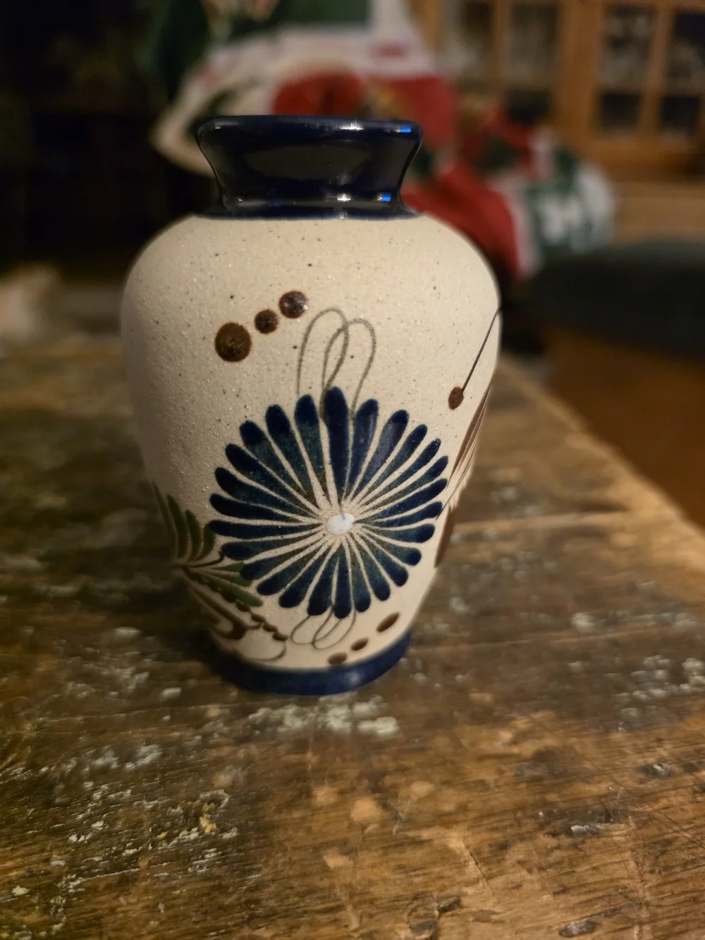 Mexico Hand-Painted Ceramic Vase in Navy and Cream